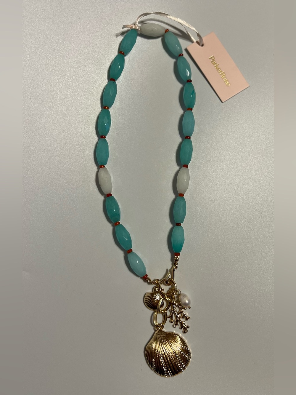 Parker Rose Gold Shell Charm Turquoise Beaded Coastal Necklace NWT